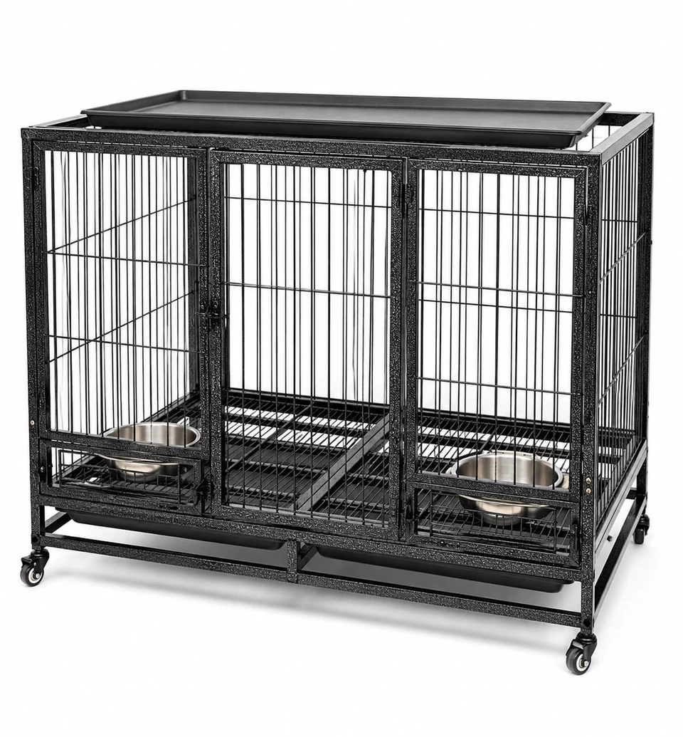 Heavy-duty double compartment wire dog kennel with metal frame and removable trays