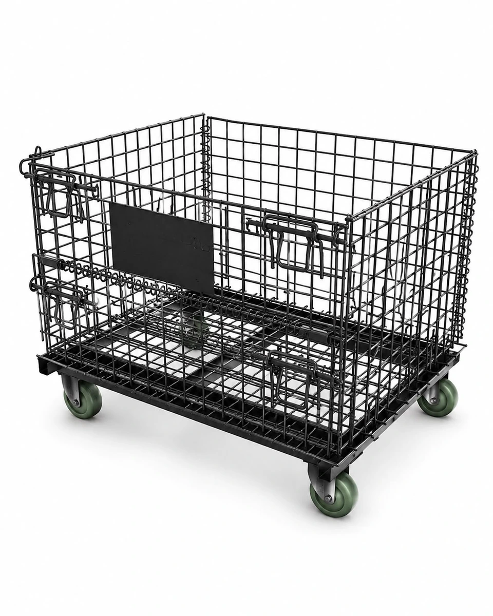 Mobile wire mesh material handling cart with caster wheels for industrial transport and storage
