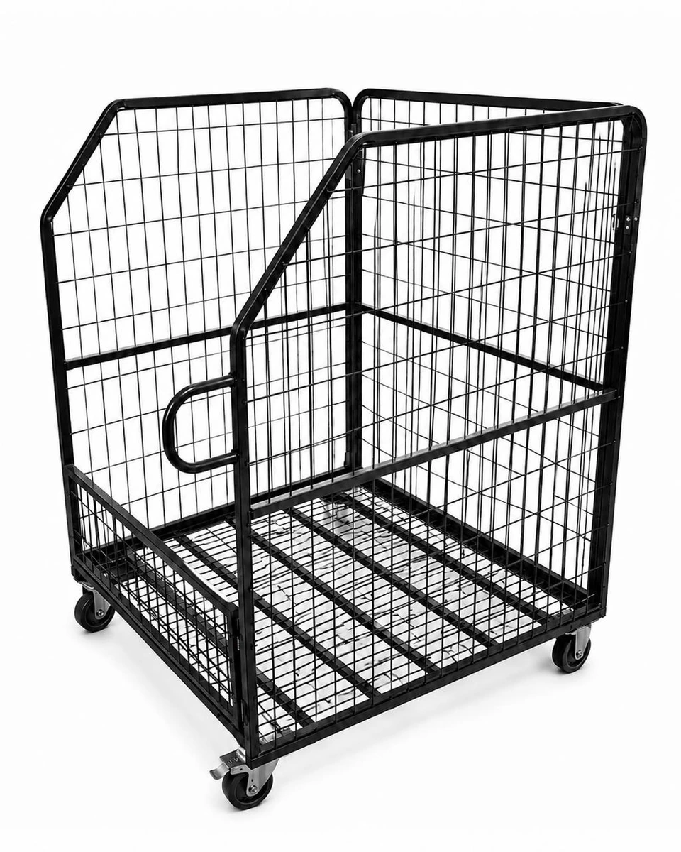 Mobile wire roll container trolley with open front and caster wheels for warehouse material handling