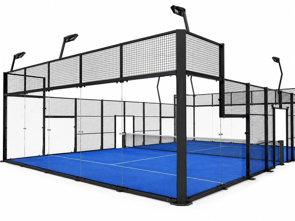 Black wire mesh fencing system for enclosed padel courts with integrated lighting posts