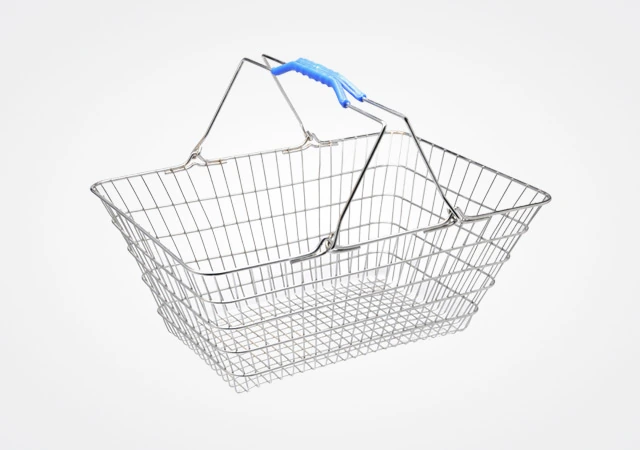 Metal wire shopping basket with carrying handles for supermarkets and retail stores