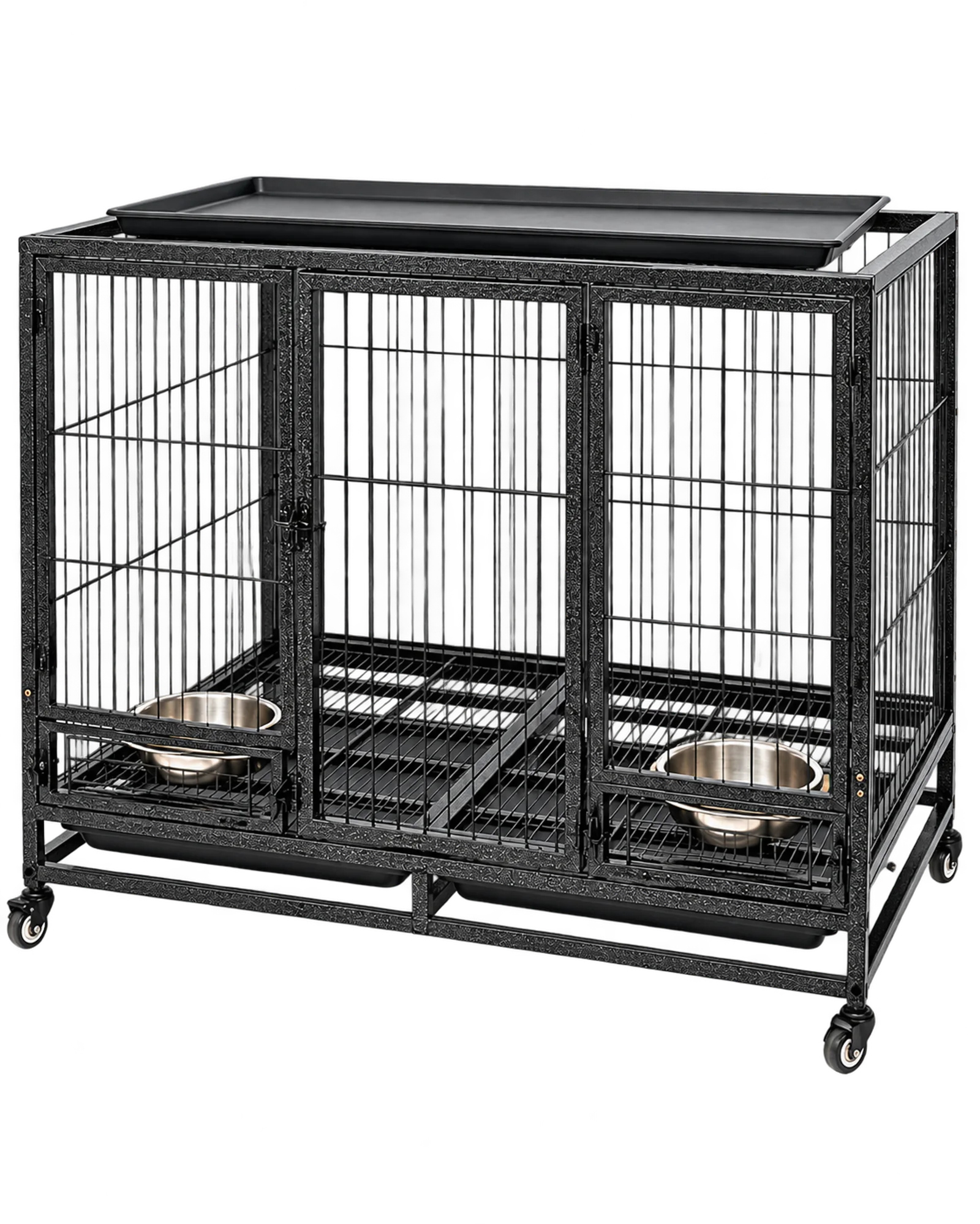 Heavy-duty double compartment wire dog kennel with metal frame and removable trays
