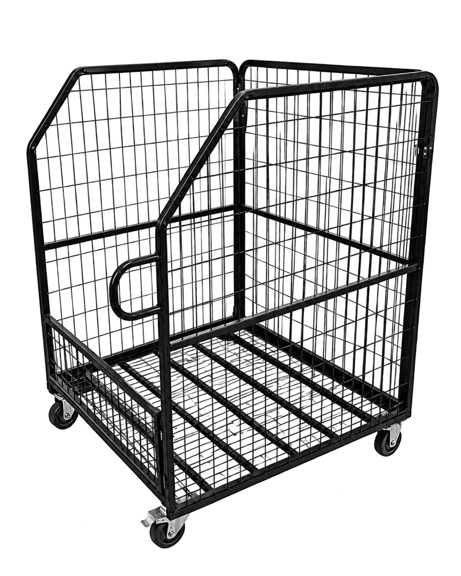 Mobile wire roll container trolley with open front and caster wheels for warehouse material handling