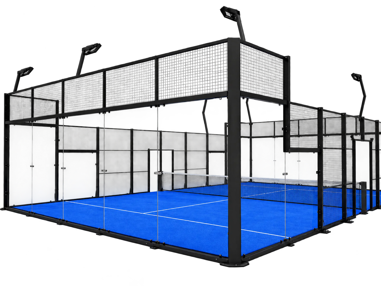 Black wire mesh fencing system for enclosed padel courts with integrated lighting posts