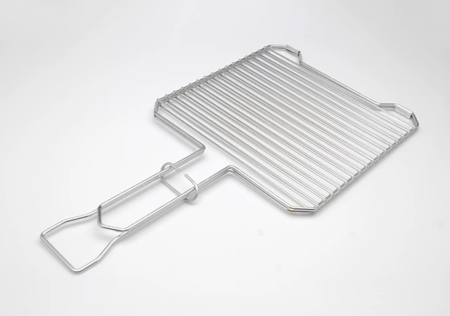 Wire grill basket with handle for grilling food and general cooking applications