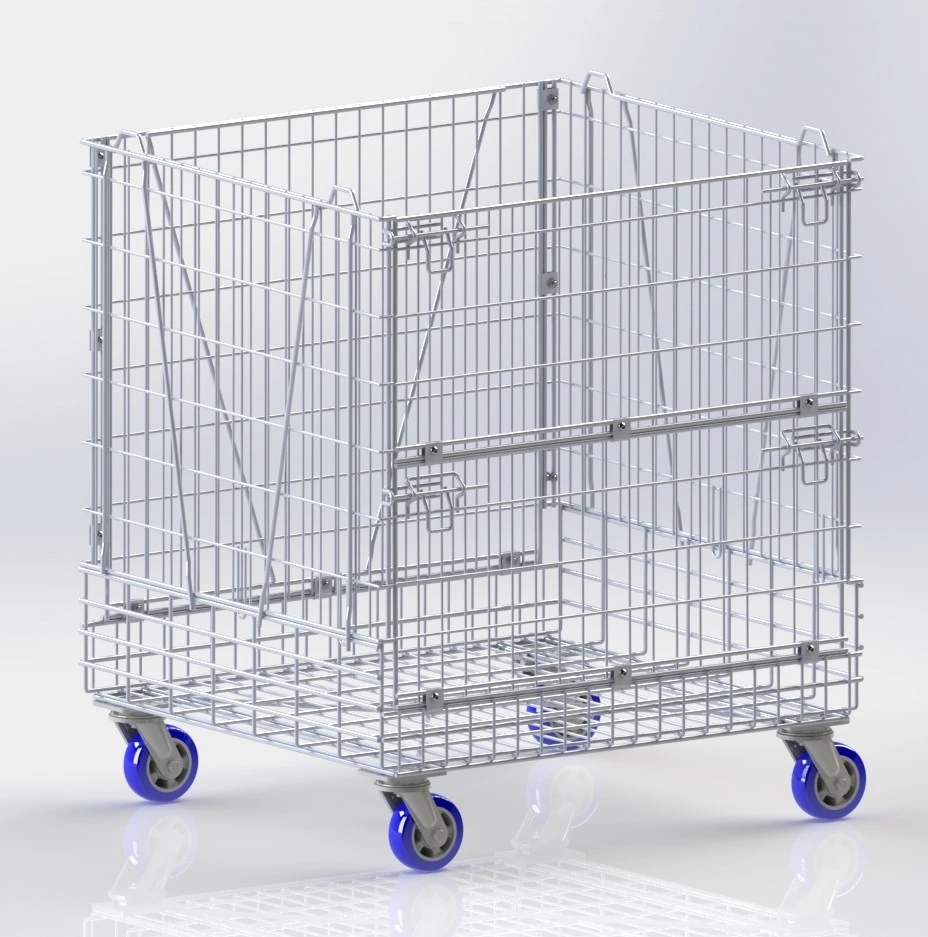 Mobile galvanized wire mesh container with caster wheels for warehouse storage and transport