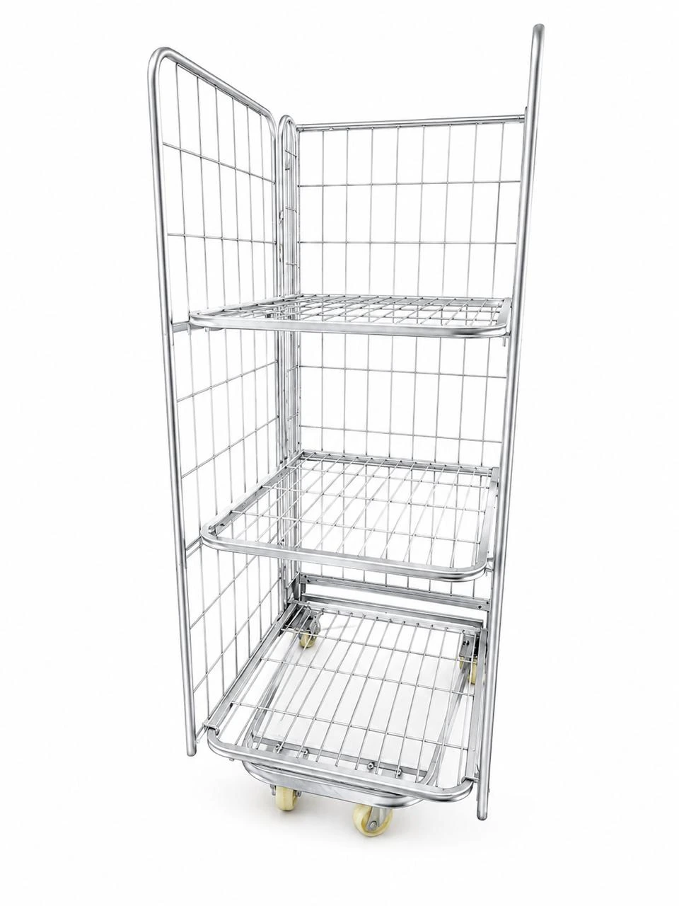 Multi-tier wire roll container trolley with shelves and caster wheels for warehouse material handling