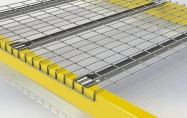 Wire mesh decking installed on pallet rack beams for industrial warehouse storage