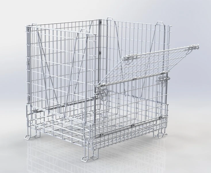 Galvanized wire mesh storage container with front drop gate for warehouse material handling