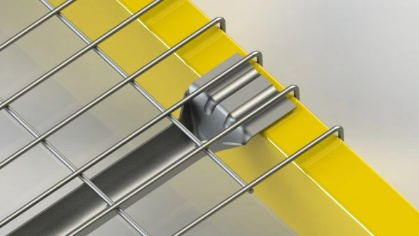 Close-up of pallet rack wire mesh deck support channel and beam connection