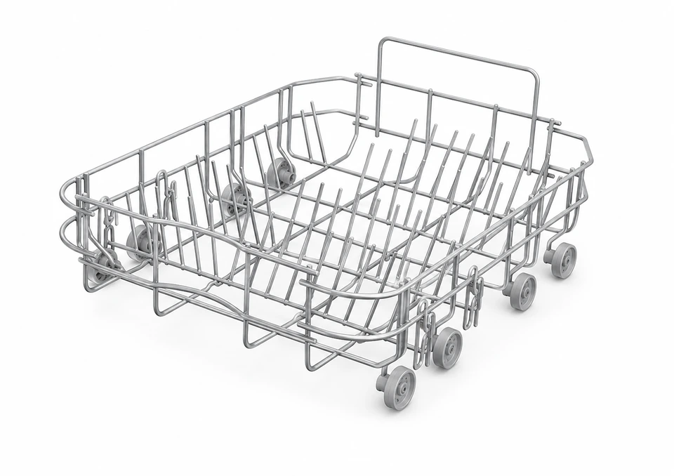 Metal dishwasher wire rack with wheels and formed supports for organized dish loading