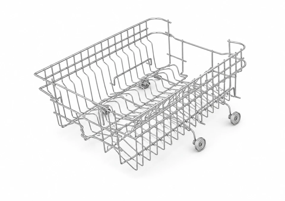 Dishwasher wire rack with plate supports and roller wheels for household appliance use